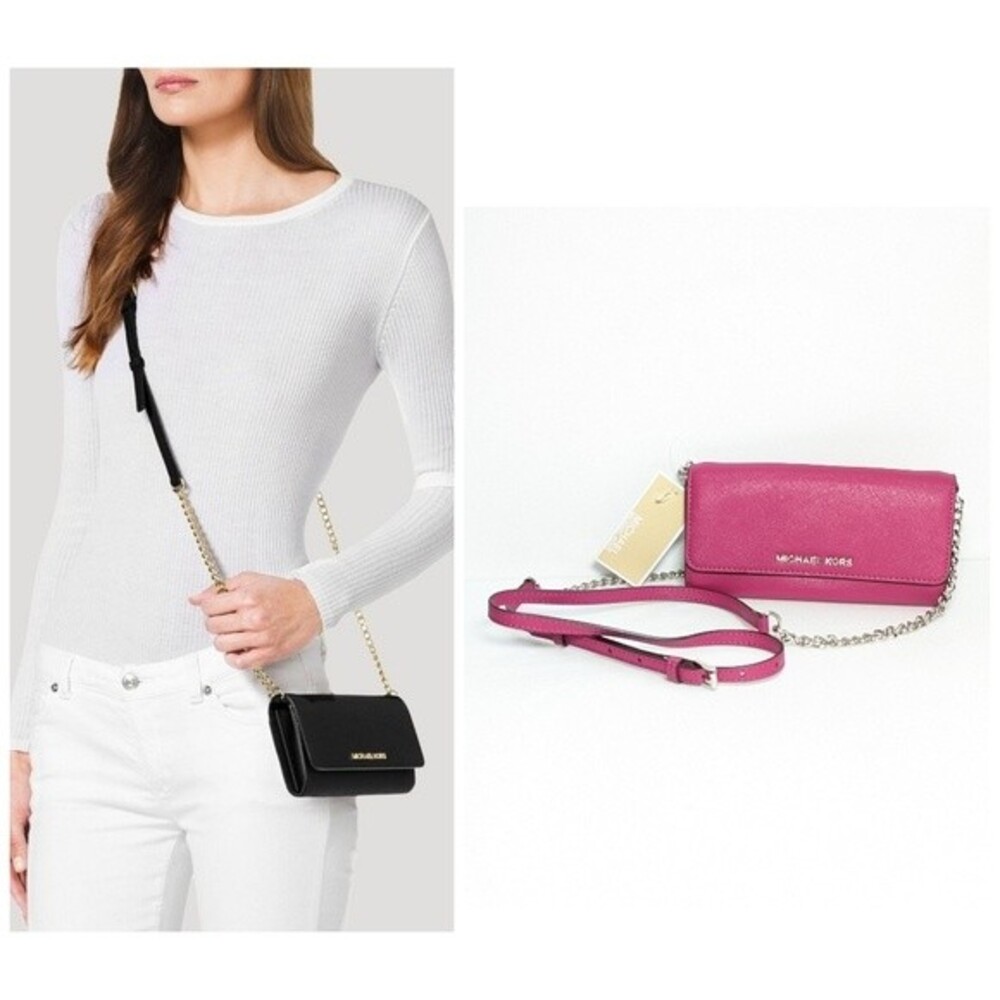 NWT MICHAEL Michael Kors Jet Set Travel Deep Pink Leather Chain Wallet